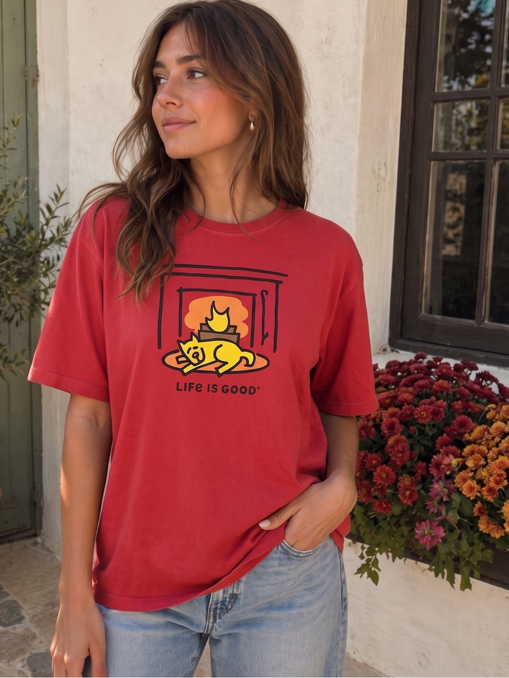 LIFE IS GOOD Dog Nap Fireplace Tee